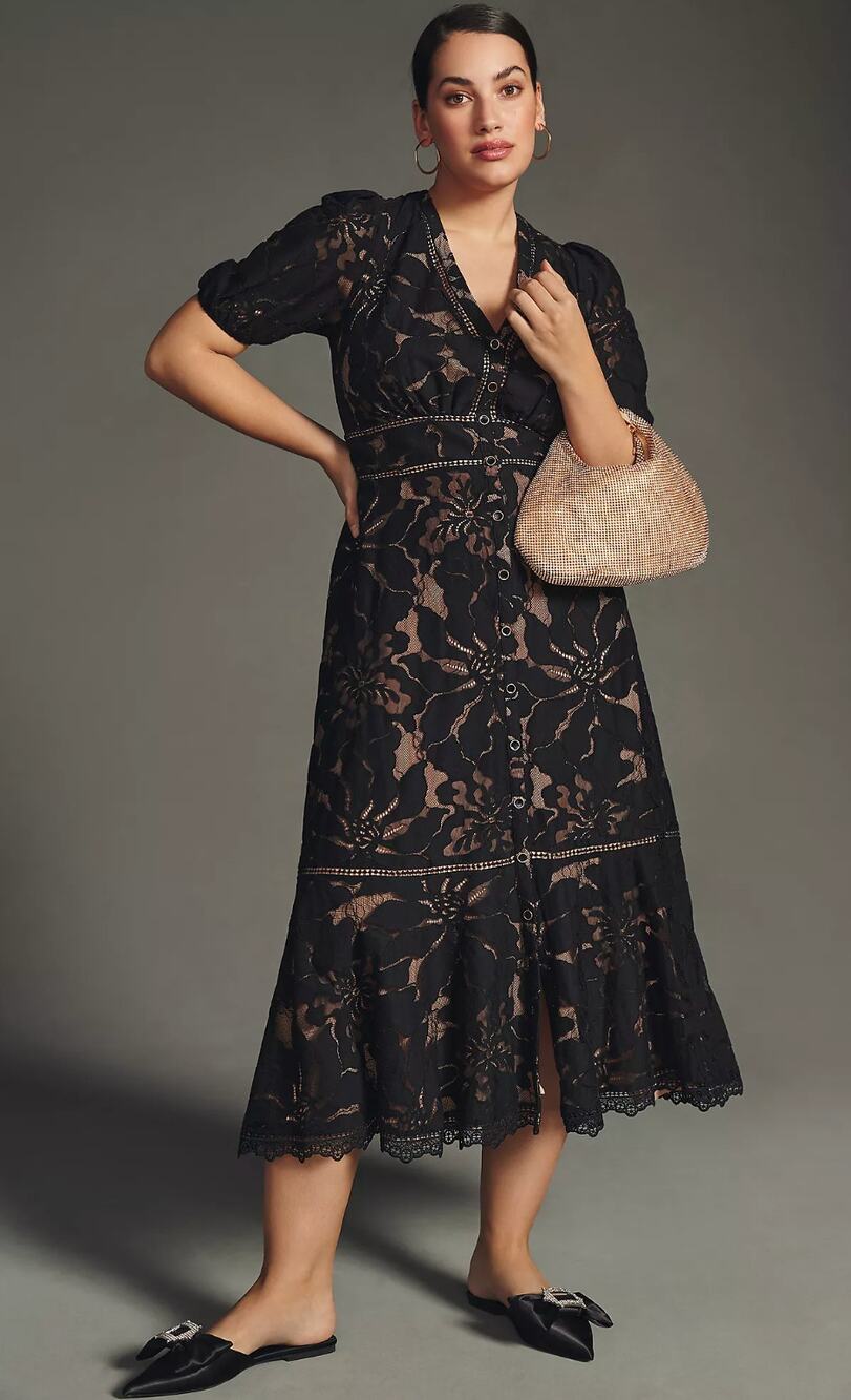 ANTHROPOLOGIE The Ophelia Puff Sleeve Lace Dress in Black Size 10